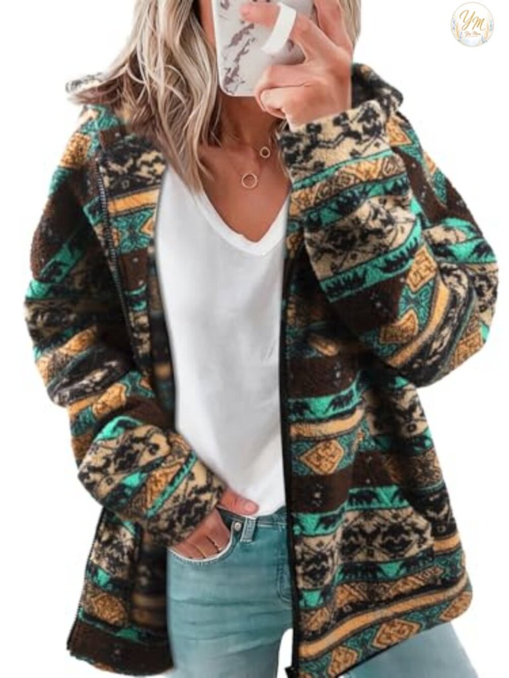 Women's Western Aztec Print Zip Up Hooded Sherpa Fleece Sweatshirt with Pockets
